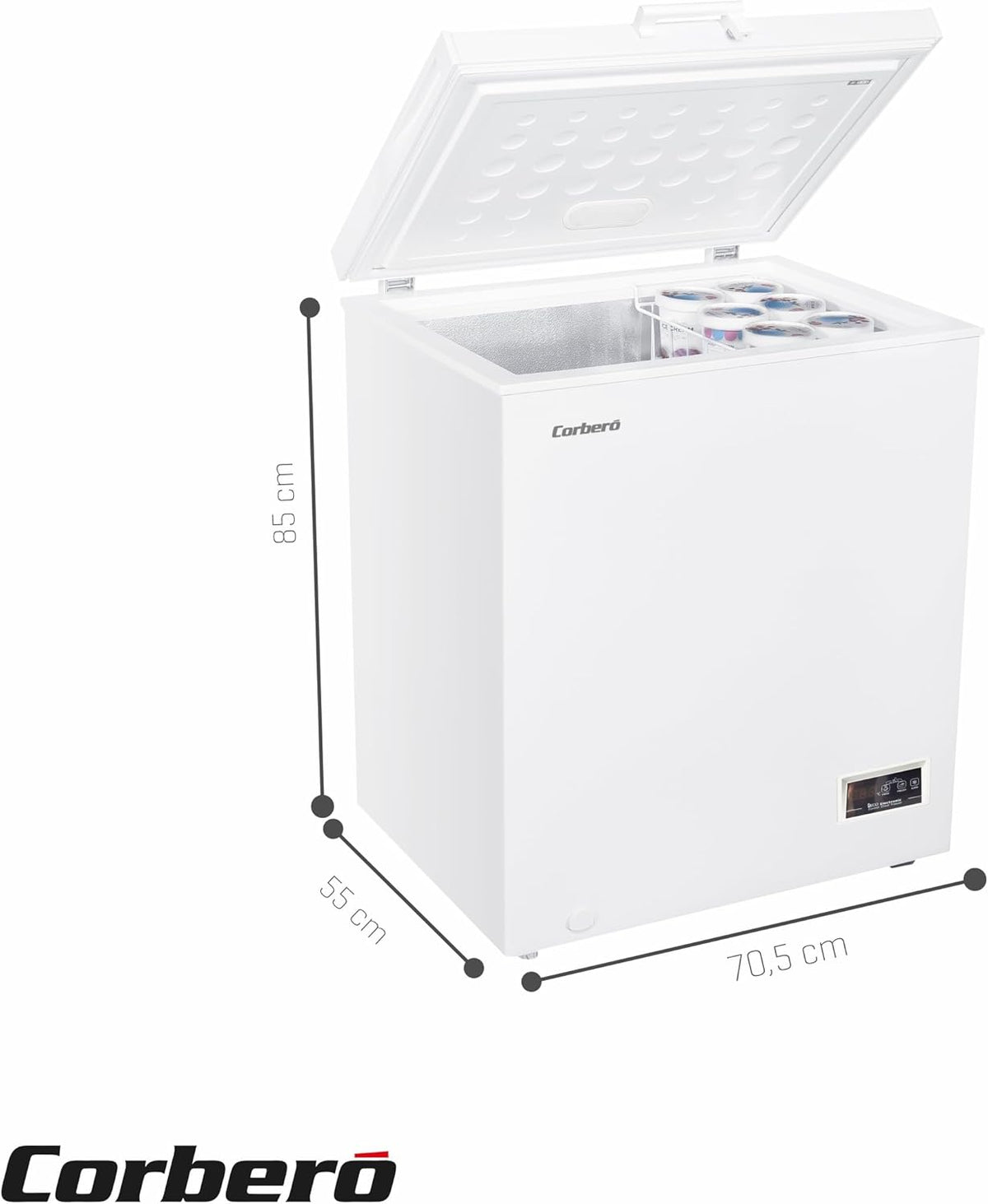 Corbero – Zamrażarka skrzyniowa 142 l | CCHH15024E | Sterowanie elektroniczne z wyświetlaczem | Oświetlenie LED | Uchwyt | 1 kosz wewnętrzny | 2 kółka | 2 regulowane nóżki | 40 dB | Klasa efektywności energetycznej E | Kolor biały