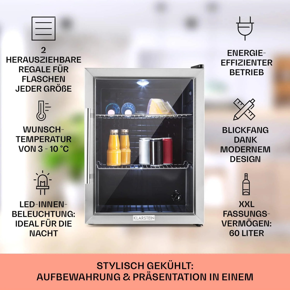 Klarstein Mini lodówka z drzwiami szklanymi do pomieszczeń, chłodziarka na napoje z regulowanymi półkami, mała 80 litrów, do użytku wewnątrz i na zewnątrz, cicha