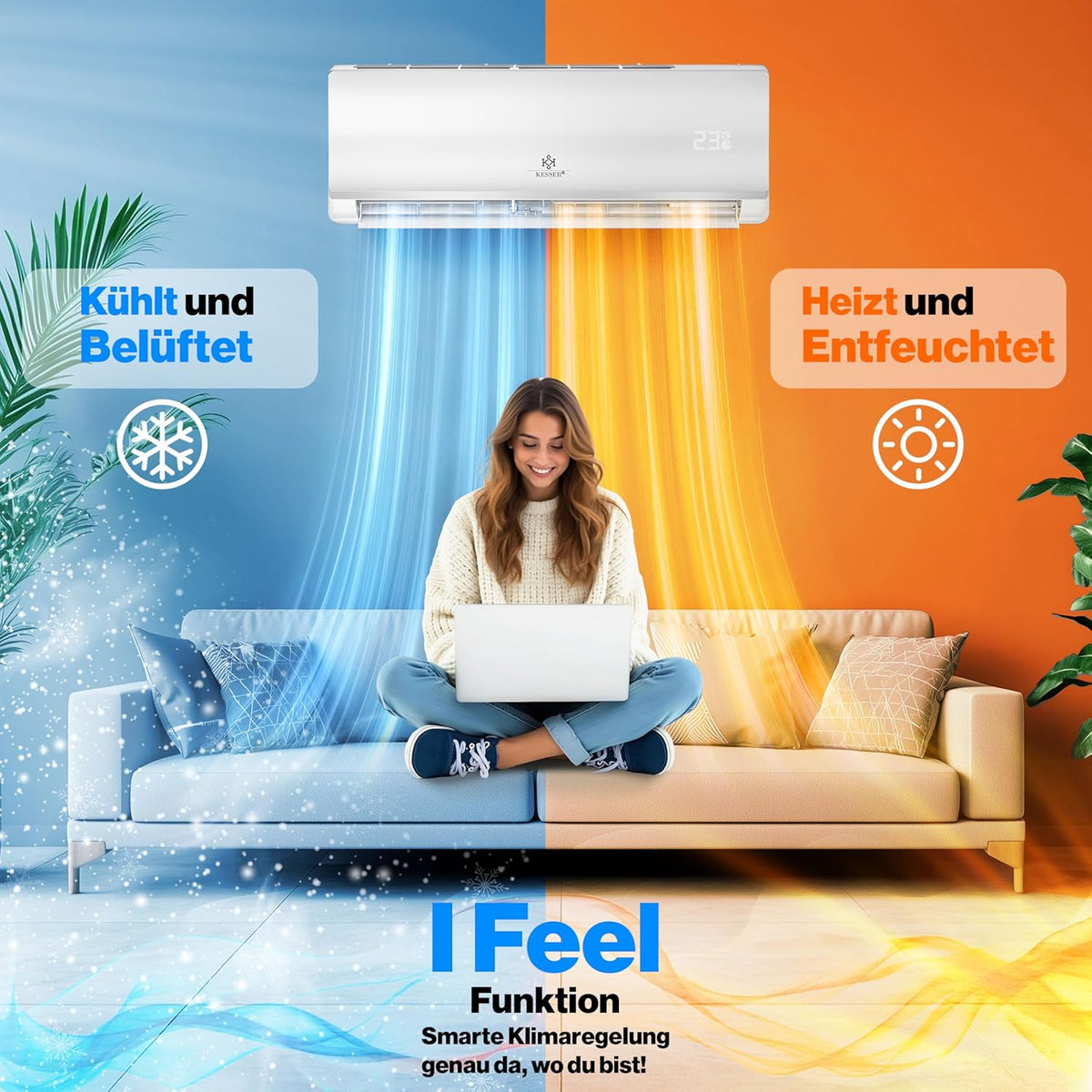 Zestaw klimatyzatora typu split KESSER® Quick Connect 12000 BTU 3,4 kW – WiFi i aplikacja Klimatyzator z funkcją grzania i chłodzenia Klimatyzator ścienny z rurami miedzianymi Czynnik chłodniczy R32 W zestawie materiały montażowe