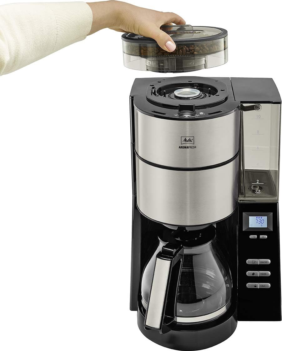 Melitta AromaFresh - Ekspres przelewowy - ze szklanym dzbankiem - wbudowanym młynkiem - funkcją timera - 10 filiżanek - Czysta czerń