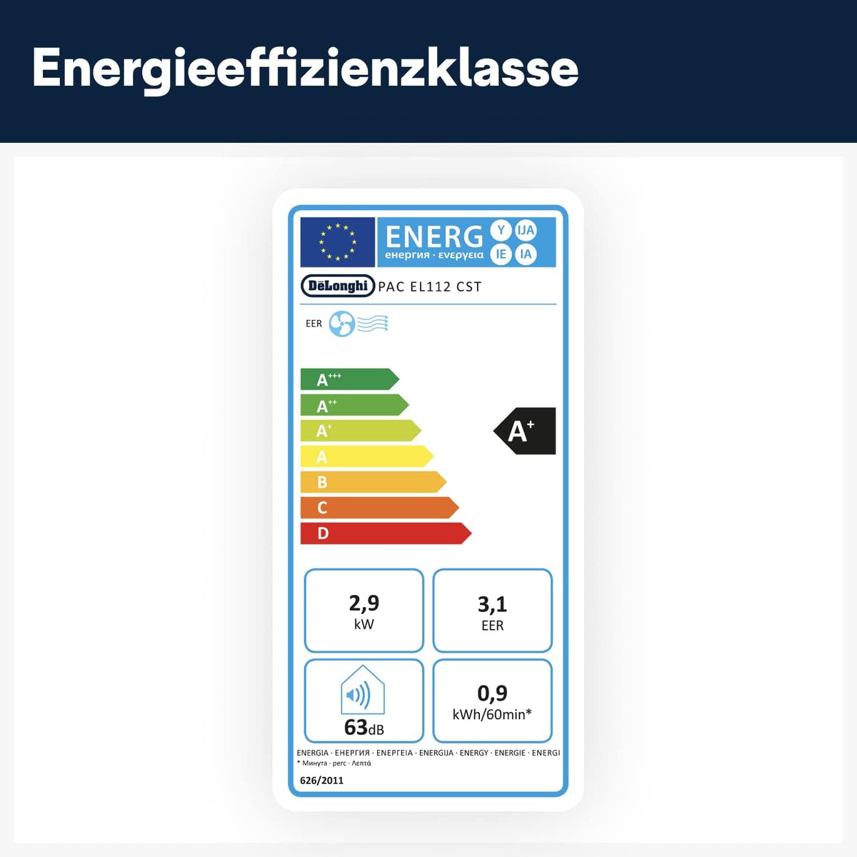 Klimatyzator przenośny De'Longhi Pinguino PAC EL112 CST z wężem wylotowym, do pomieszczeń o kubaturze do 110 m³, osuszacz powietrza, funkcja wentylacji, timer 24-godzinny, kolor czarny