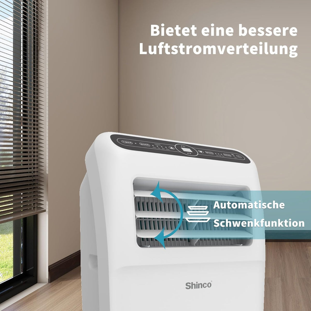 Przenośna klimatyzacja SHINCO z przewodem wydechowym, 9000 BTU, 2,6 kW, chłodzenie, wentylacja i osuszanie, przenośna klimatyzacja z trybem uśpienia, powierzchnia pomieszczenia do 22 m², 24-godzinny timer