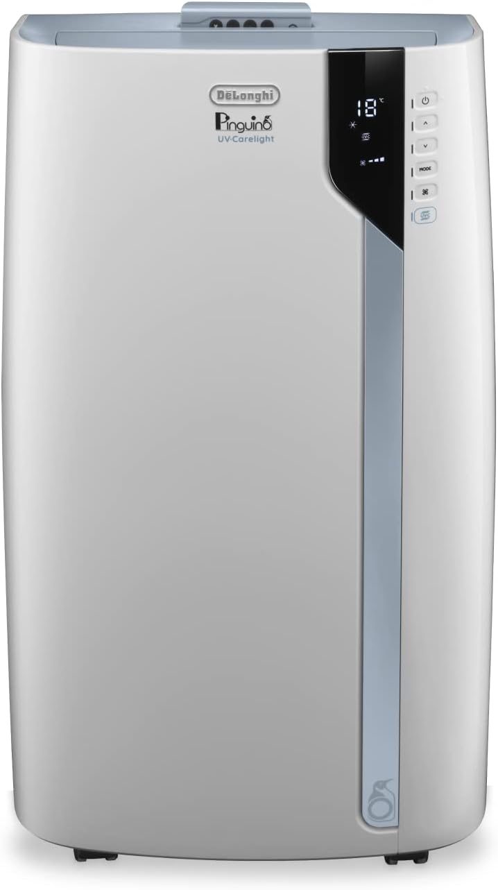 De'Longhi Pinguino PAC EL112 CST WiFi, przenośna klimatyzacja z technologią MyEcoRealFeel do pomieszczeń o kubaturze do 110 m³, 11 000 BTU/h, 2,9 kW, 63 dB, funkcja osuszania, A, sterowanie aplikacją i głosem, kolor biały
