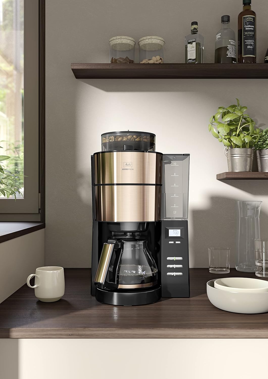 Melitta AromaFresh - Ekspres przelewowy - ze szklanym dzbankiem - wbudowanym młynkiem - funkcją timera - 10 filiżanek - Czysta czerń