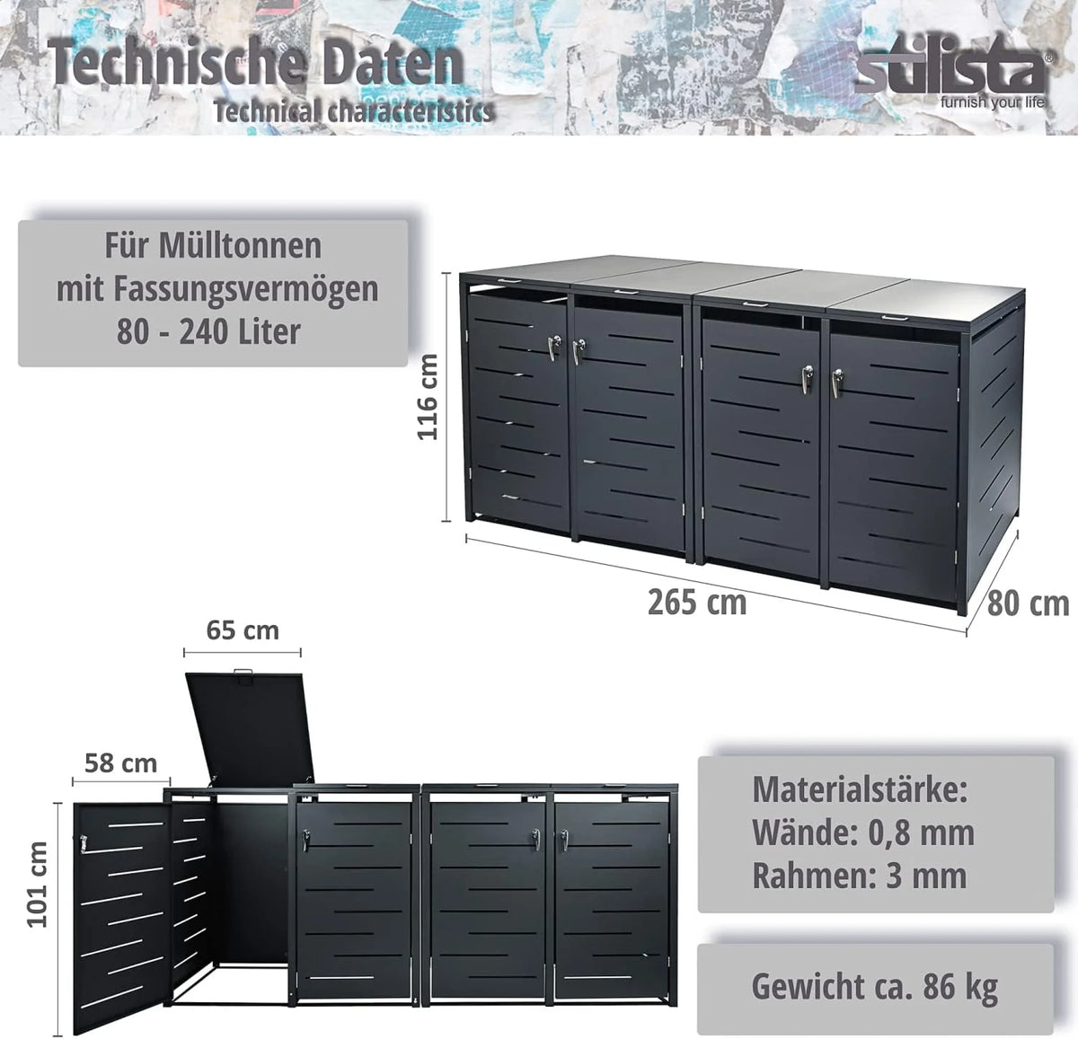 STILISTA metalen behuizing voor 4 containers van elk 240 liter, antraciet.