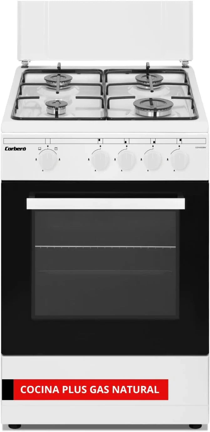 Corberó – Kuchnia Plus | 50 cm | CCSF45020BW | 4 palniki na gaz butanowy | Piekarnik 43 l | Metalowa pokrywa | Podwójne szklane drzwi | Taca i grill chromowane | Automatyczny wyłącznik bezpieczeństwa | Biały