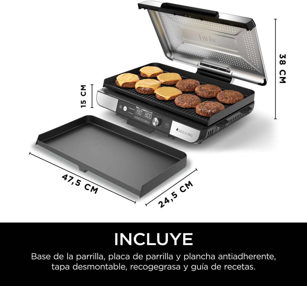 Ninja Sizzle Pro XL Grill i płyta grillowa do użytku wewnątrz pomieszczeń z nieprzywierającą ceramiczną płytą grillową, zdejmowaną pokrywą, pojemnikiem na tłuszcz i przewodnikiem po przepisach, kolor srebrny/czarny GX101EU