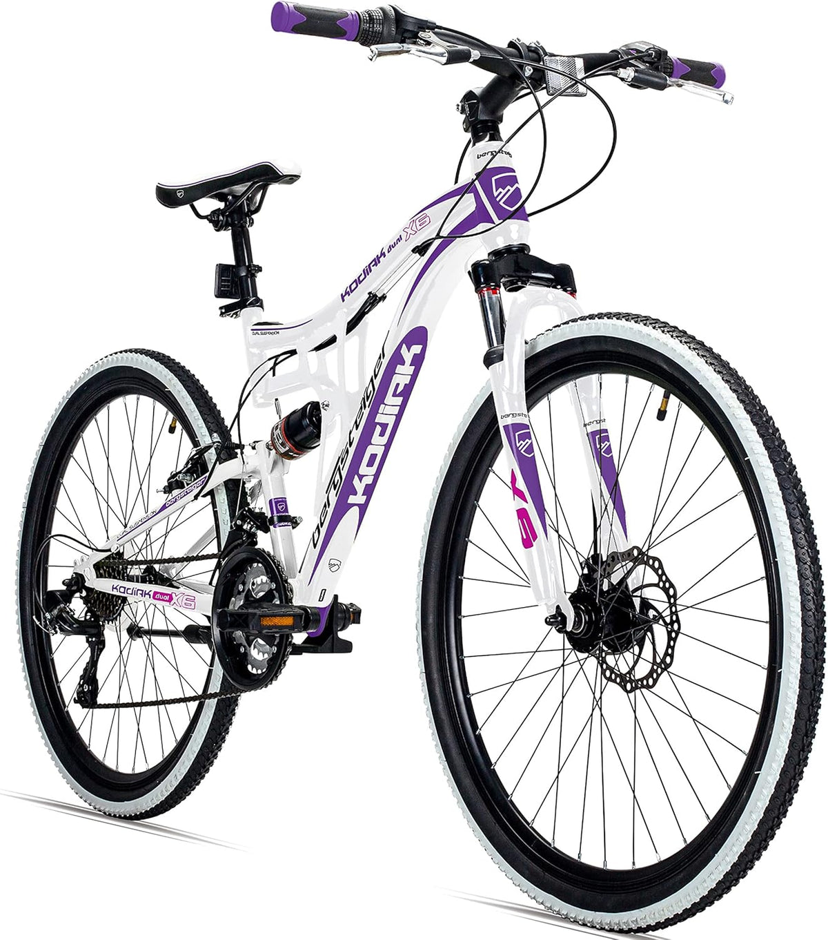 Rower górski Bergsteiger Kodiak (koła 26 lub 29 cali), hamulce tarczowe, 21-biegowy napęd Shimano, pełna amortyzacja (full-suspension) – rower MTB dla chłopców, dziewcząt, kobiet i mężczyzn
