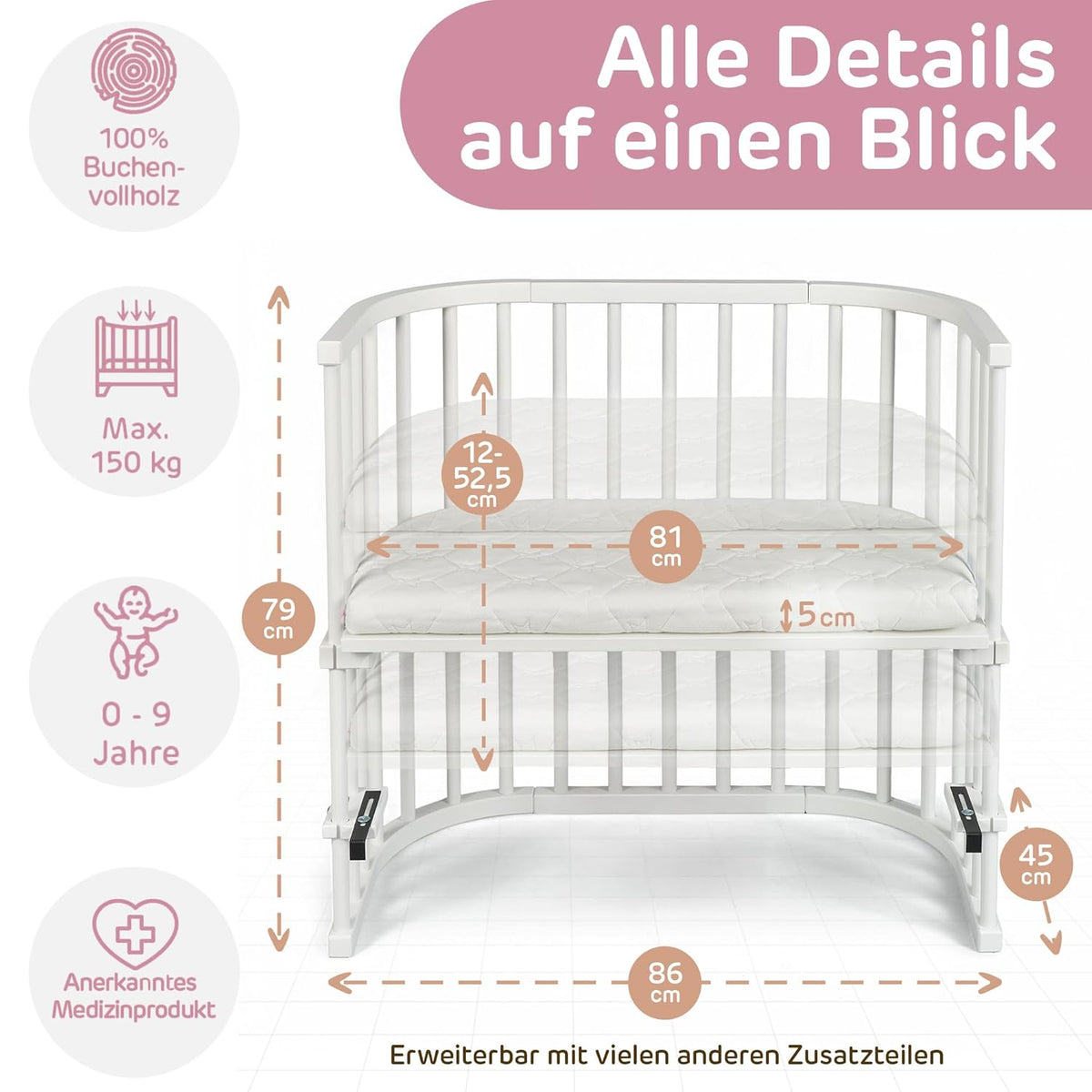 Oryginalne łóżeczko dostawne Babybay z litego drewna bukowego / kompaktowe i rozkładane / płynna regulacja wysokości łóżeczka i przyjazne dla środowiska / rośnie wraz z dzieckiem (lakierowane na biało) / w zestawie materac