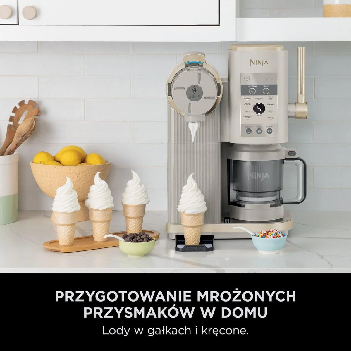 Ninja CREAMi ijsschep- en swirlmachine met 2 containers, 13 functies, bereidt ijs, Italiaans ijs, gelato, milkshakes en andere desserts, toppingsoptie, steengoud, NC701EUSTGD