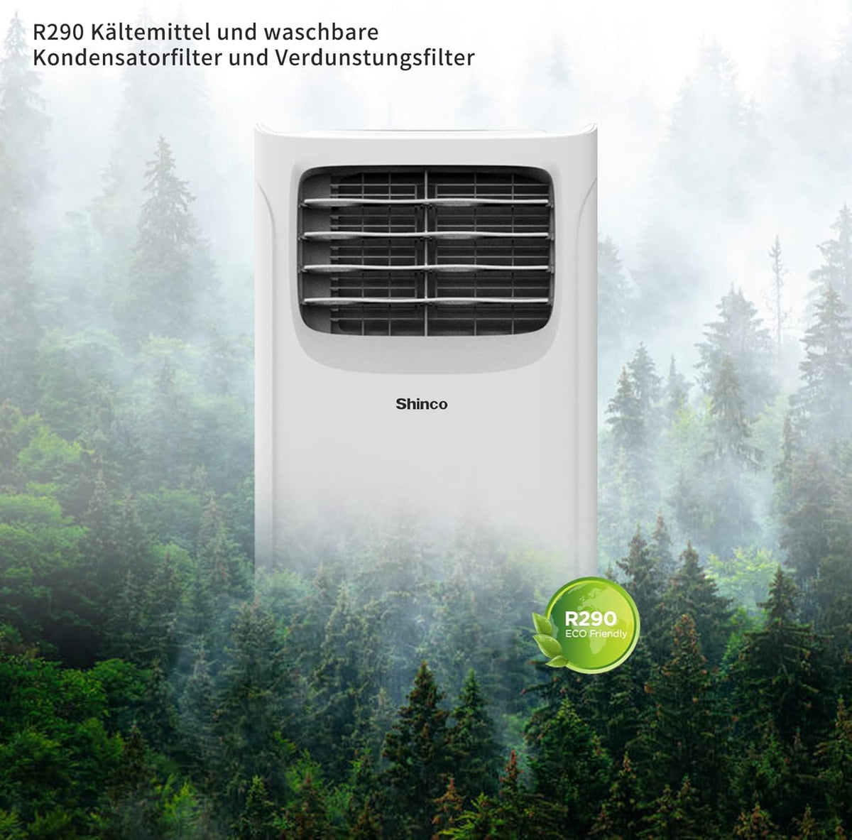 Przenośna klimatyzacja SHINCO z przewodem wydechowym, 9000 BTU, 2,6 kW, chłodzenie, wentylacja i osuszanie, przenośna klimatyzacja z trybem uśpienia, powierzchnia pomieszczenia do 22 m², 24-godzinny timer