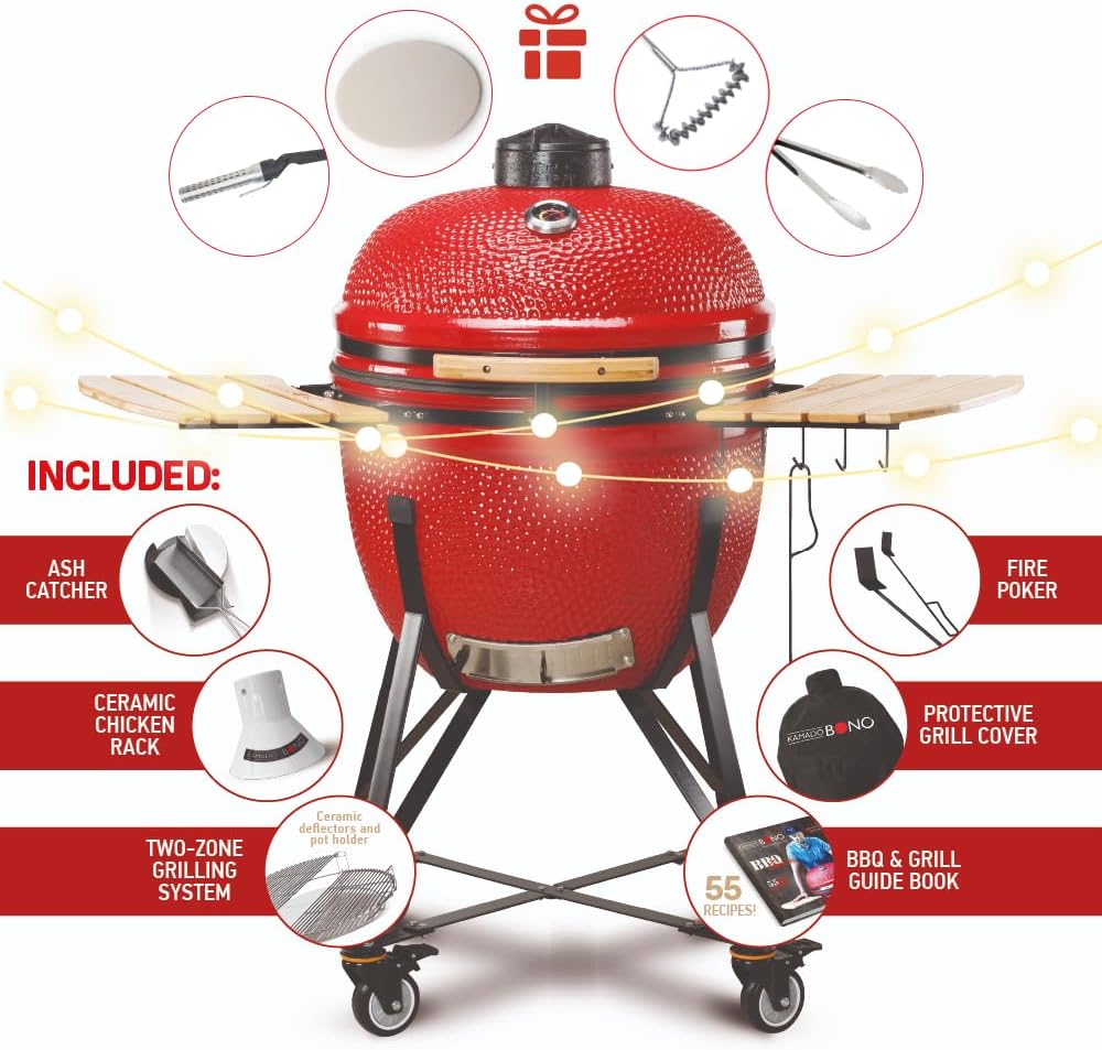 Grill Kamado BONO - Duży grill XXL z 10 akcesoriami - Ø 64 cm Grill Kamado z akcesoriami - Czerwony grill wędzarniczy na taras, balkon lub do ogrodu