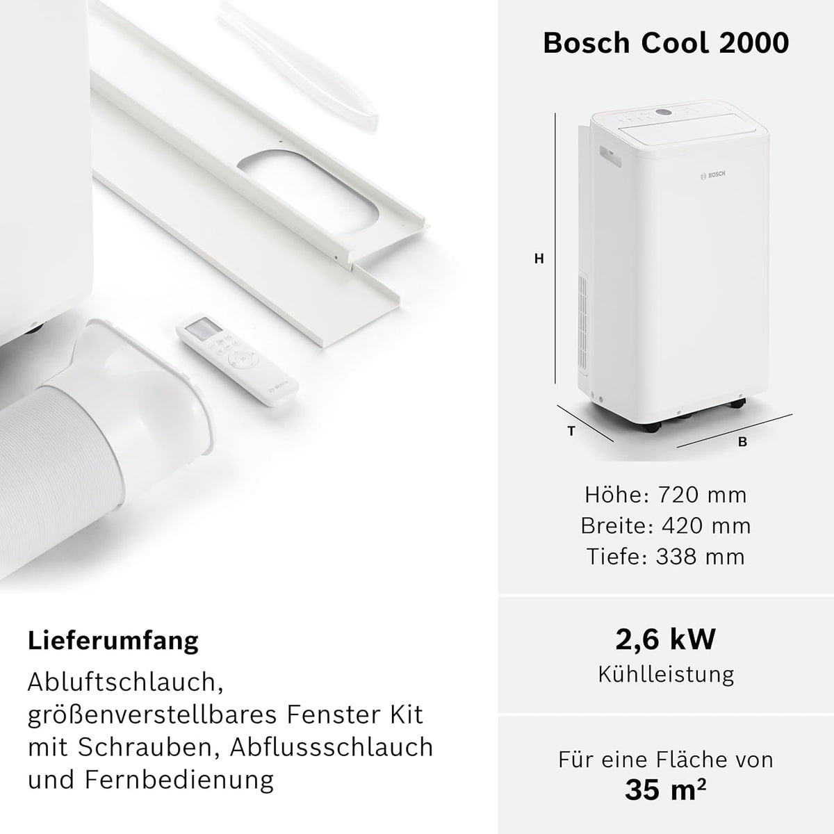Klimatyzator przenośny Bosch Cool 4000 – 3 w 1: klimatyzator, osuszacz powietrza, wentylator – 2,6 kW do pomieszczeń o powierzchni do 35 m² – z trybem automatycznym, trybem cichym i trybem uśpienia