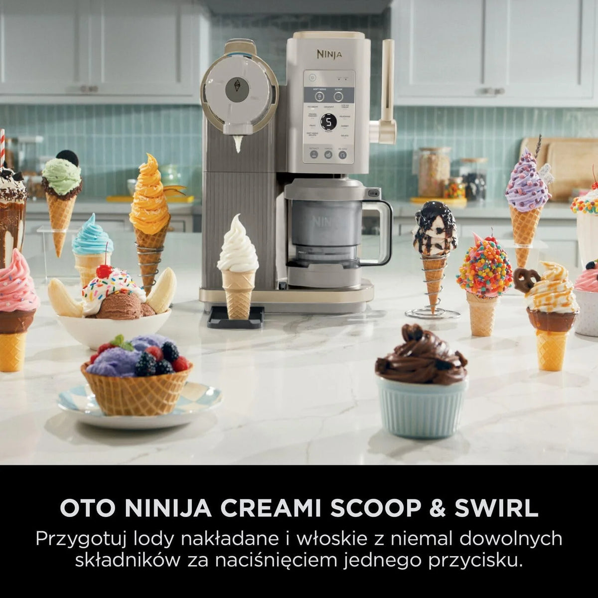 Ninja CREAMi ijsschep- en swirlmachine met 2 containers, 13 functies, bereidt ijs, Italiaans ijs, gelato, milkshakes en andere desserts, toppingsoptie, steengoud, NC701EUSTGD