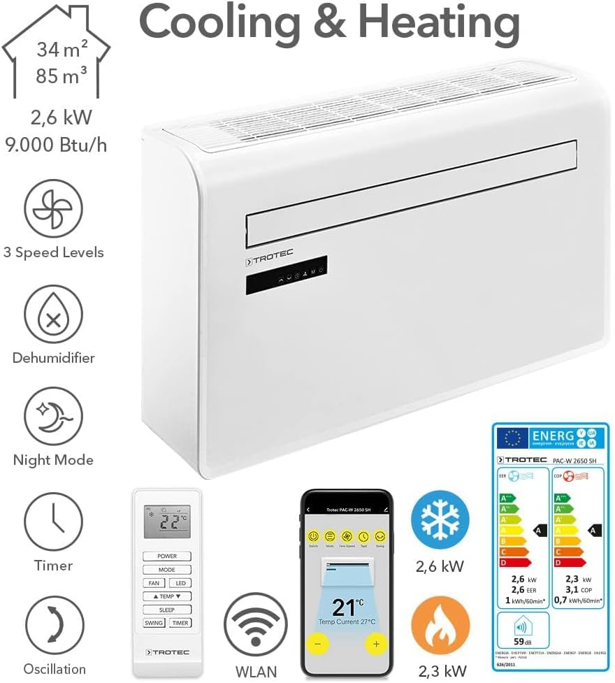 Klimatyzator ścienny TROTEC PAC-W 2650 SH – urządzenie typu „4 w 1” bez jednostki zewnętrznej, wyposażone w funkcję ogrzewania, oferujące moc chłodniczą 2,6 kW, sterowanie przez aplikację (WiFi) oraz technologię inwerterową; przeznaczone do pomieszcz