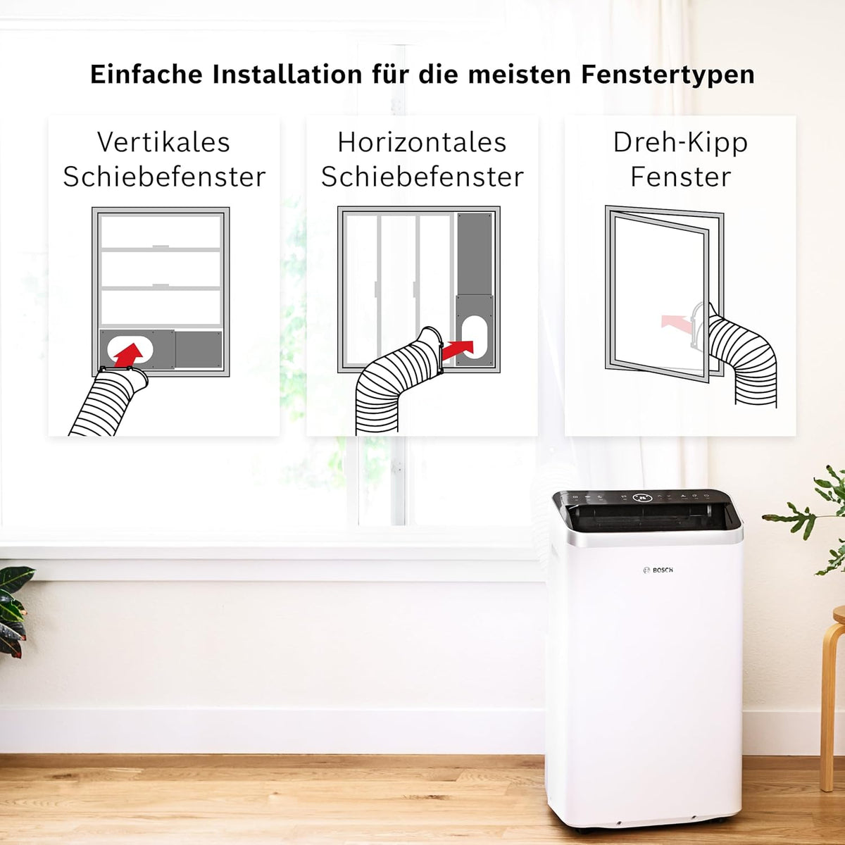 Przenośny klimatyzator Bosch Cool 4000 – 3 w 1: klimatyzator, osuszacz, wentylator – 2,6 kW do pomieszczeń o powierzchni do 35 m² – Z trybami Auto, Silent i Sleep