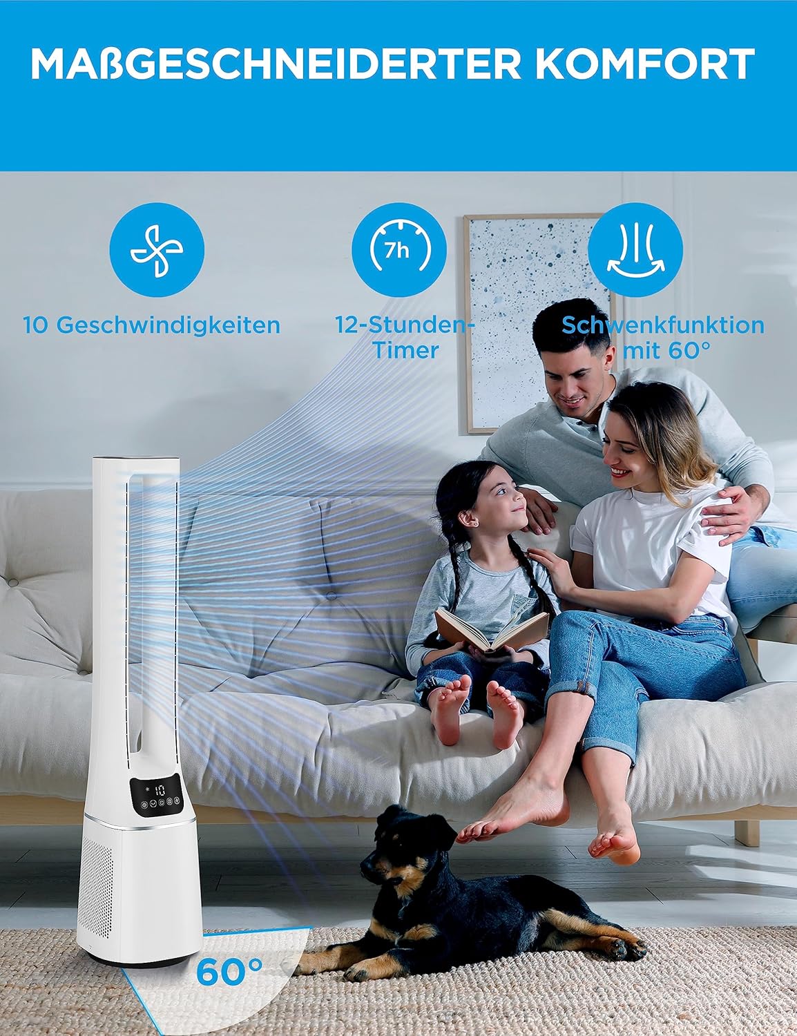 Midea MFP-120i (BL) 2-w-1 wentylator wieżowy, cichy oczyszczacz powietrza 38 dB, filtr HEPA H13 True, 47,6 m², wyświetlacz LED, pilot zdalnego sterowania, oscylacja, 12-godzinny timer, kompatybilny z połączeniem bezprzewodowym, Alexa i Asystentem Goo
