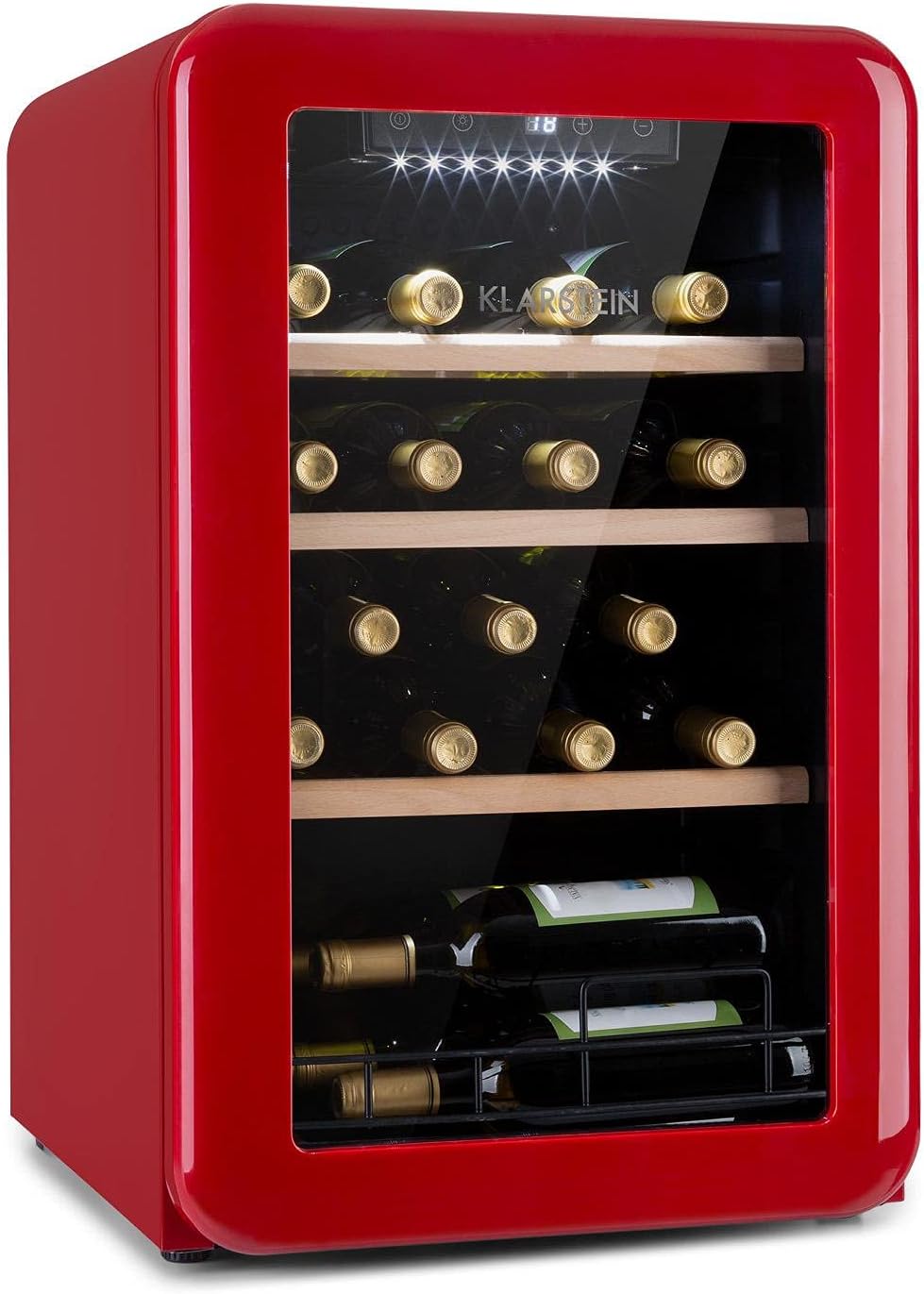 Chłodziarka do wina Klarstein, smukła chłodziarka do napojów, lodówka ze szklanymi drzwiami, wolnostojące chłodziarki do napojów, mała chłodziarka do wina, chłodziarki do wina 1-strefowe, ochrona UV, 4-22 °C, 19 butelek