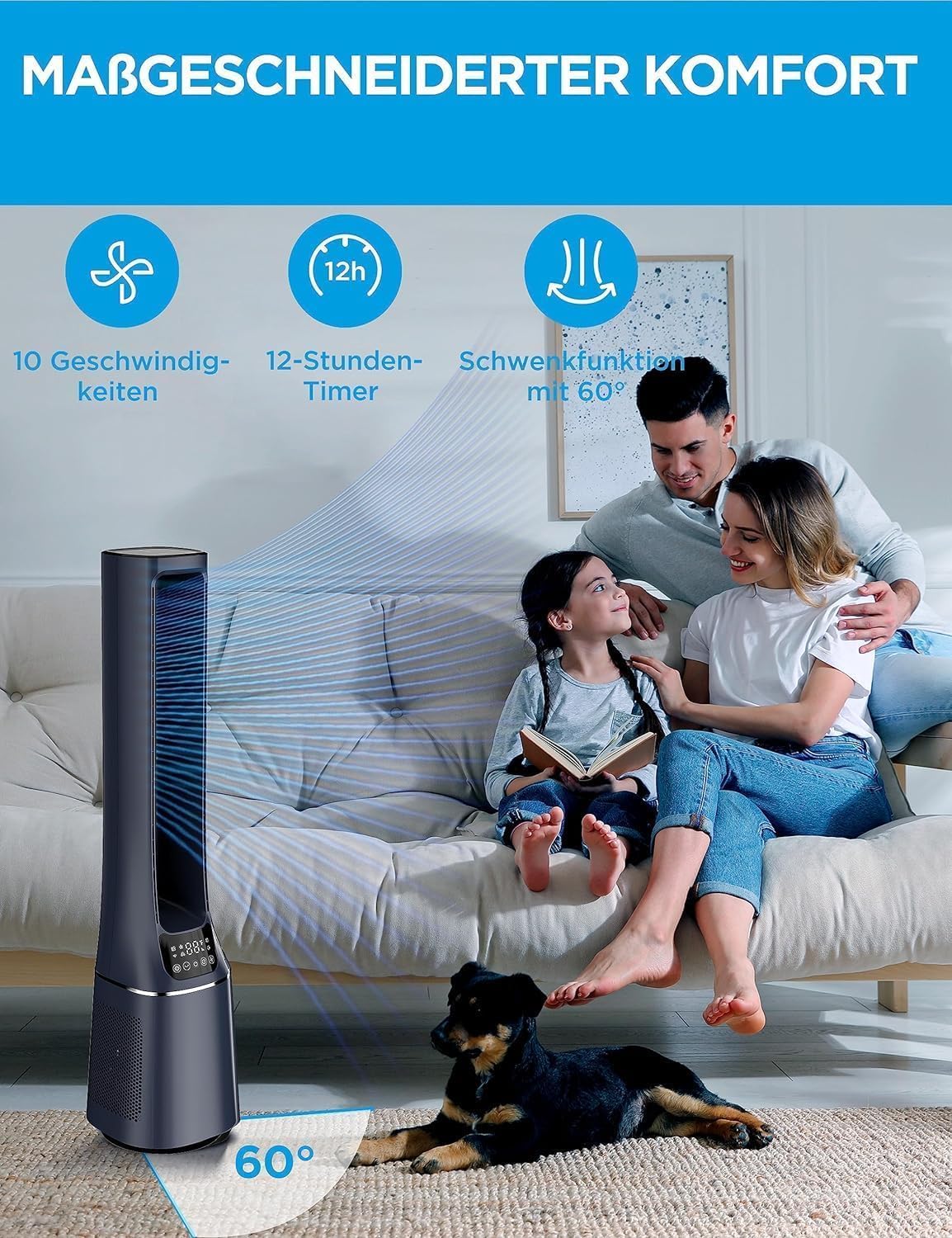Midea MFP-120i (BL) 2-w-1 wentylator wieżowy, cichy oczyszczacz powietrza 38 dB, filtr HEPA H13 True, 47,6 m², wyświetlacz LED, pilot zdalnego sterowania, oscylacja, 12-godzinny timer, kompatybilny z połączeniem bezprzewodowym, Alexa i Asystentem Goo