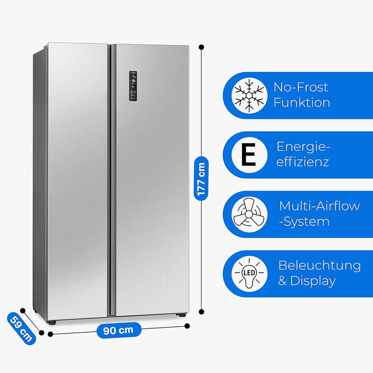 Lodówka z zamrażarką typu side-by-side Bomann® | No Frost | Pojemność 442 l | Lodówka z zamrażalnikiem | Lodówka z technologią MultiAirflow | Zużycie energii 287 kWh/rok | SBS 7344 stal nierdzewna