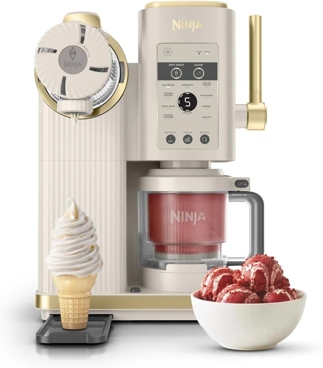 Ninja CREAMi ijsschep- en swirlmachine met 2 containers, 13 functies, bereidt ijs, Italiaans ijs, gelato, milkshakes en andere desserts, toppingsoptie, steengoud, NC701EUSTGD