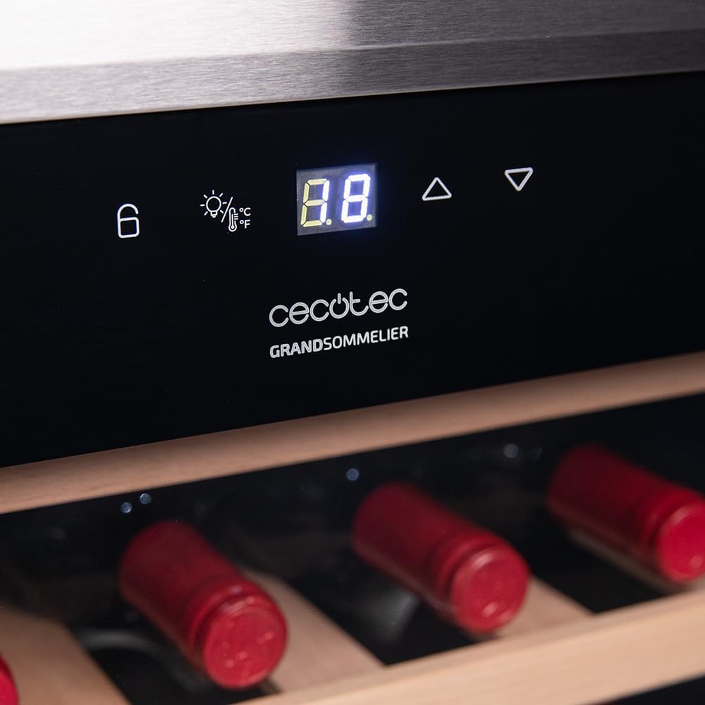 Cecotec Bolero Grandsommelier 34030, chłodziarka do wina ze stali nierdzewnej, kompresorowa, 34 butelki, 80 l, chłodzenie kompresorowe, regulowana temperatura od 5 do 18ºC, sterowanie dotykowe, wyświetlacz, wewnętrzne oświetlenie LED.