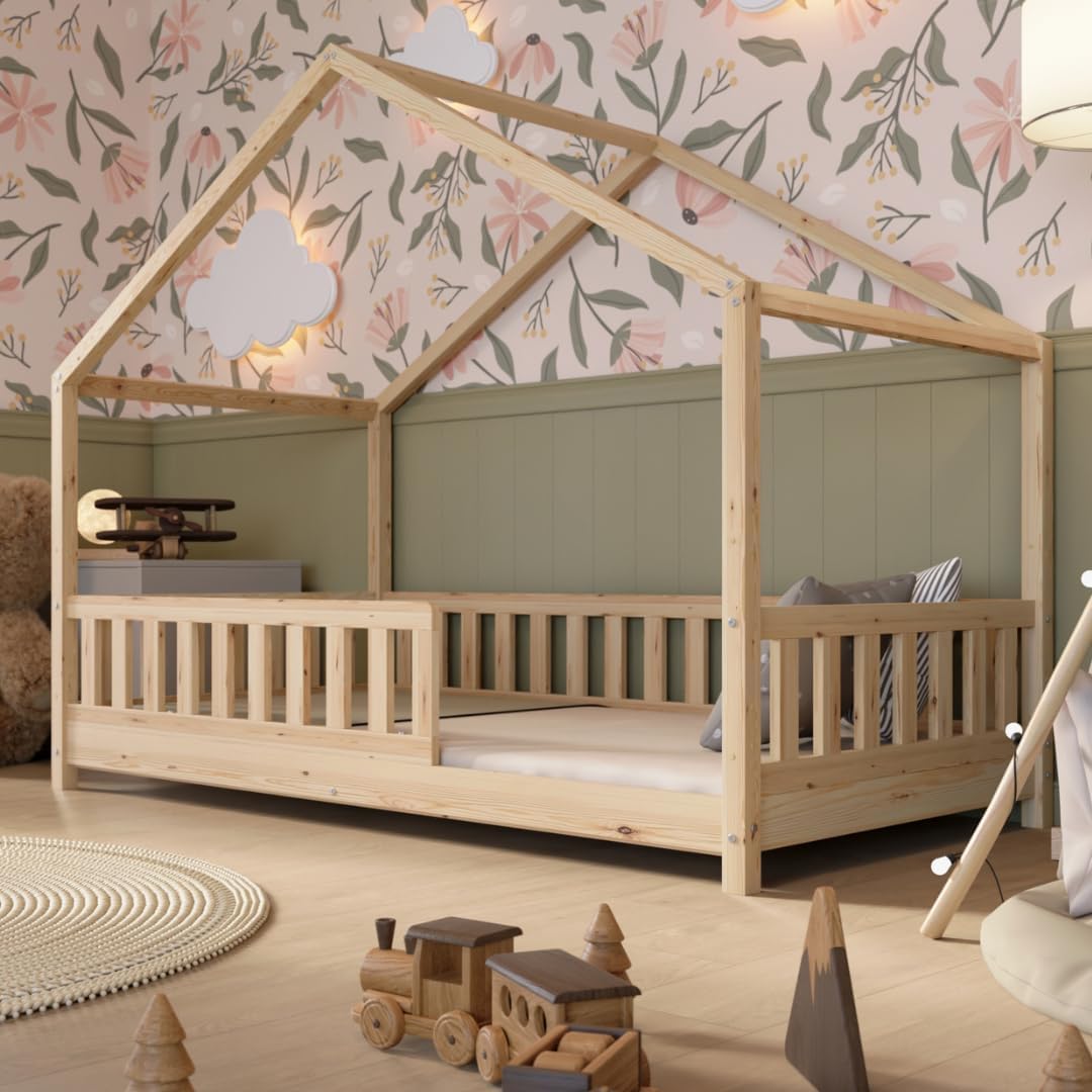 Łóżko Crazy Pine House z szufladami 200x90 cm – łóżko dziecięce z naturalnego drewna z zabezpieczeniem przed upadkiem – łóżko Montessori z dodatkową przestrzenią do przechowywania i wyjmowaną barierką – Crazy House