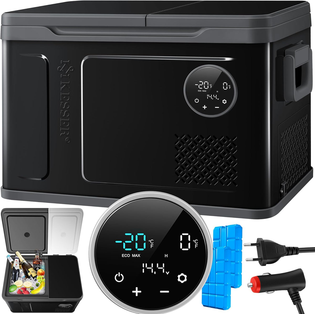 Lodówka kompresorowa KESSER 2 w 1 – Dwu-strefowa chłodziarko-zamrażarka – Elektryczna lodówka przenośna z 2 wkładami chłodzącymi i panelem dotykowym LED | Chłodzenie do -20°C – Idealna na kemping oraz do samochodów osobowych i ciężarowych (12/24 V i