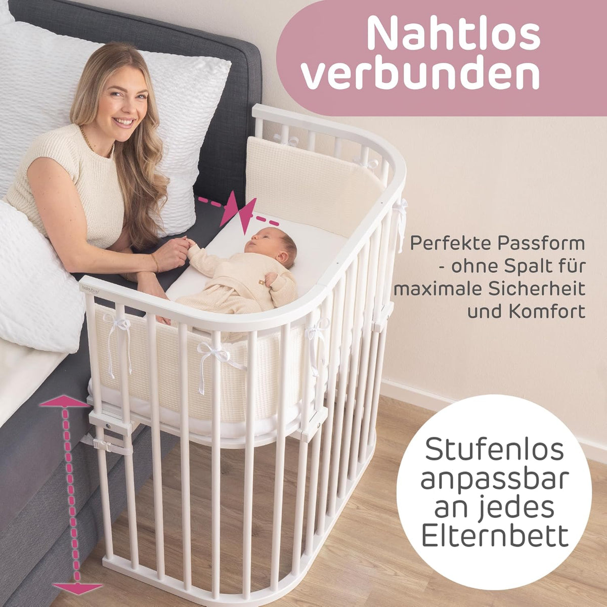 Oryginalne łóżeczko dostawne Babybay z litego drewna bukowego / kompaktowe i rozkładane / płynna regulacja wysokości łóżeczka i przyjazne dla środowiska / rośnie wraz z dzieckiem (lakierowane na biało) / w zestawie materac