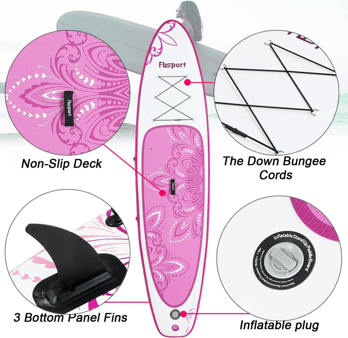 Hoogwaardig stand-up paddleboard, yogaboard met duurzame SUP-accessoires en draagtas | Brede beenpositie, golfcontrole, antislip dek, leash, peddel en pomp voor tieners en volwassenen