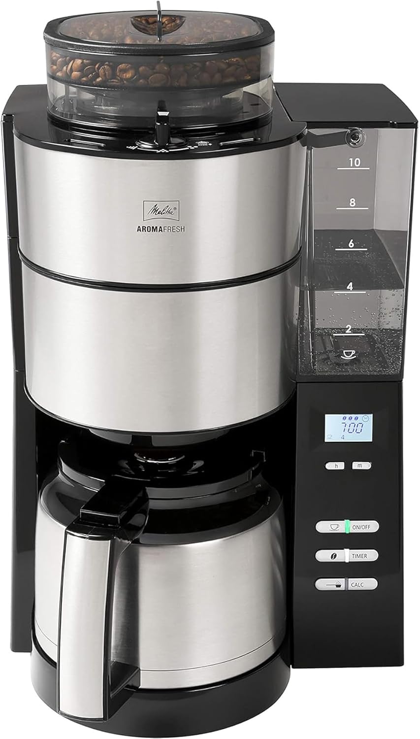 Melitta AromaFresh - Ekspres przelewowy - ze szklanym dzbankiem - wbudowanym młynkiem - funkcją timera - 10 filiżanek - Czysta czerń