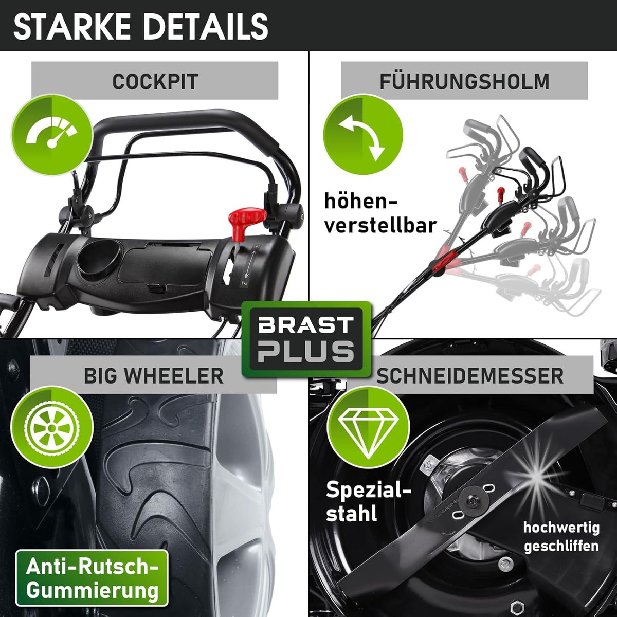 Spalinowa kosiarka do trawy BRAST z napędem | 5,2 kW (7 KM) | Rozruch elektryczny | Szerokość koszenia 48 cm | Różne modele | Certyfikat TÜV | Silnik czterosuwowy OHV | Wysokość koszenia 30–80 mm | Kosz na trawę 60 l | Stalowa obudowa | Model 19224 E