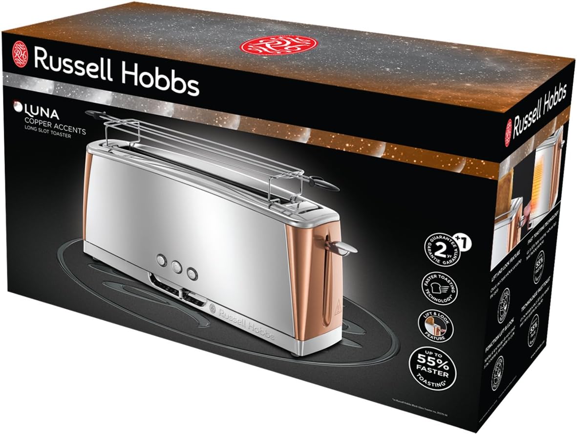 Toster Russell Hobbs Luna [na 2 kromki] Stal nierdzewna, miedź (bardzo szerokie otwory do opiekania, w tym podgrzewacz bułek, 6 poziomów opiekania, funkcja rozmrażania i podgrzewania, 1550 W) 24290-56