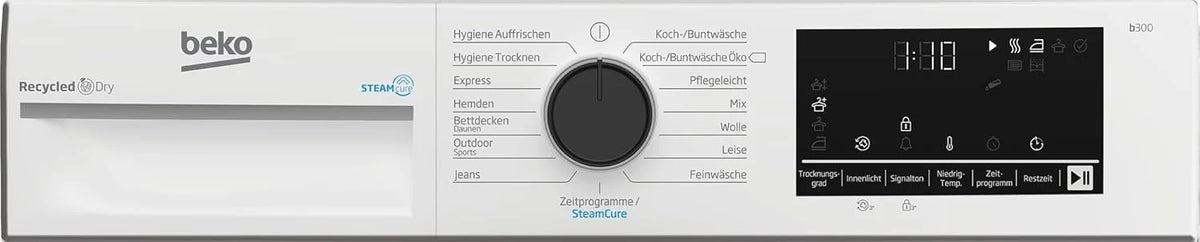 Beko 8 kg wasdroger, Stiftung Warentest beoordeling "Goed" (2,5), geschikt voor mensen met allergieën, Hygiënisch droogprogramma, SteamCure stoomfunctie, 15 programma's, Express programma, B3T42249S, wit
