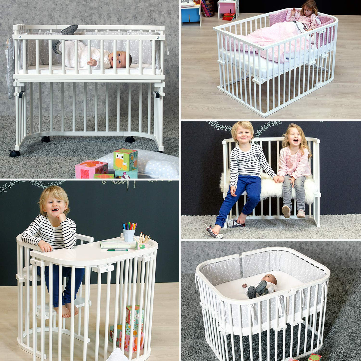 Oryginalne łóżeczko dostawne Babybay z litego drewna bukowego / kompaktowe i rozkładane / płynna regulacja wysokości łóżeczka i przyjazne dla środowiska / rośnie wraz z dzieckiem (lakierowane na biało) / w zestawie materac