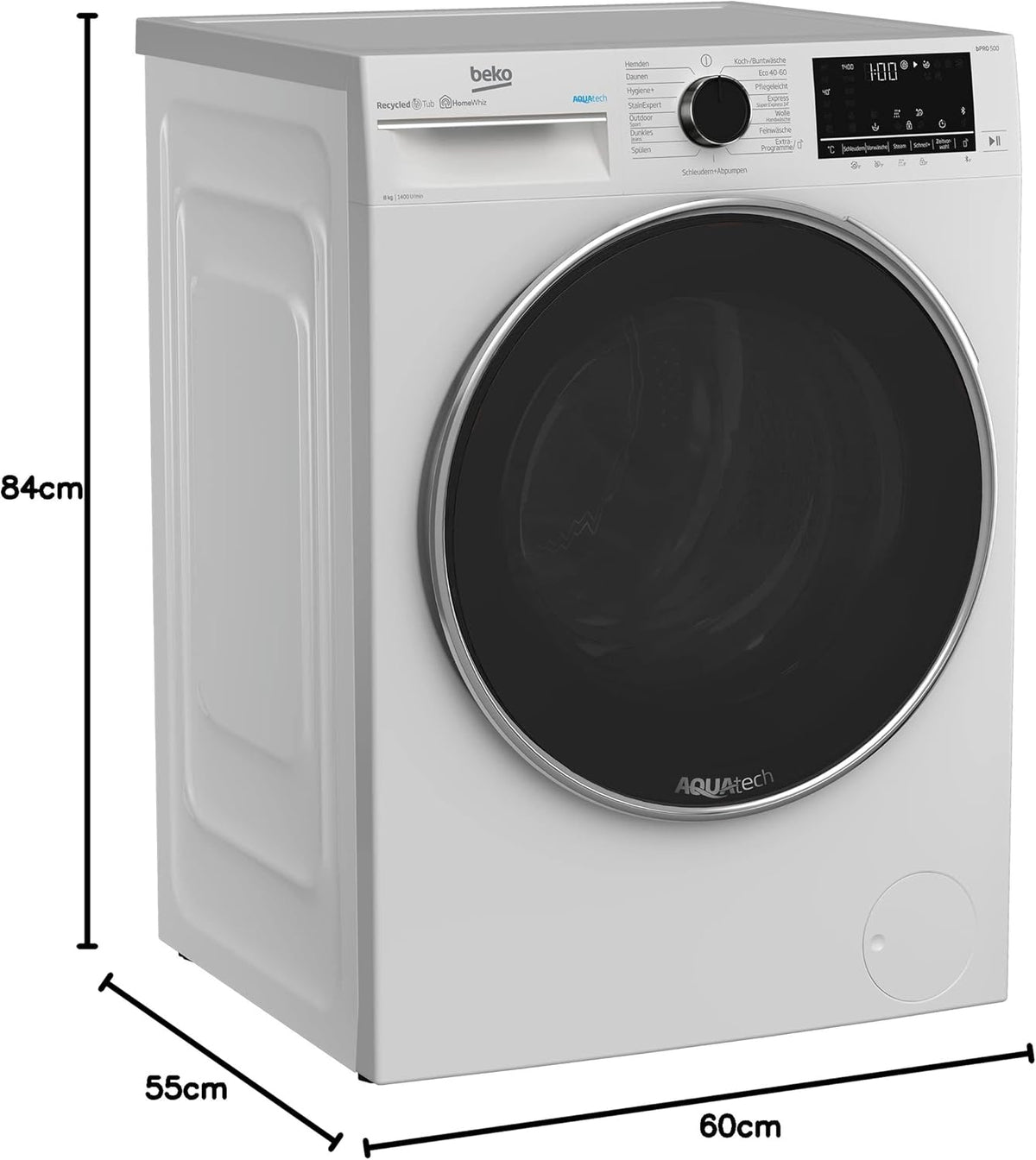 Pralka wolnostojąca Beko B5WFU58418W bPRO 500, w pełni automatyczna, 8 kg, AquaTech, wybór prędkości wirowania, 1400 obr./min, Bluetooth, funkcja pary, odpowiednia dla alergików, biała