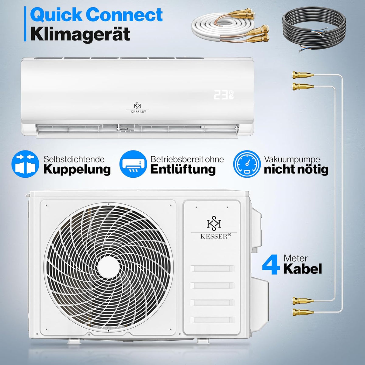 Zestaw klimatyzatora typu split KESSER® Quick Connect 12000 BTU 3,4 kW – WiFi i aplikacja Klimatyzator z funkcją grzania i chłodzenia Klimatyzator ścienny z rurami miedzianymi Czynnik chłodniczy R32 W zestawie materiały montażowe