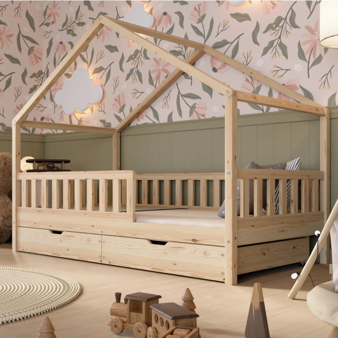 Łóżko Crazy Pine House z szufladami 200x90 cm – łóżko dziecięce z naturalnego drewna z zabezpieczeniem przed upadkiem – łóżko Montessori z dodatkową przestrzenią do przechowywania i wyjmowaną barierką – Crazy House