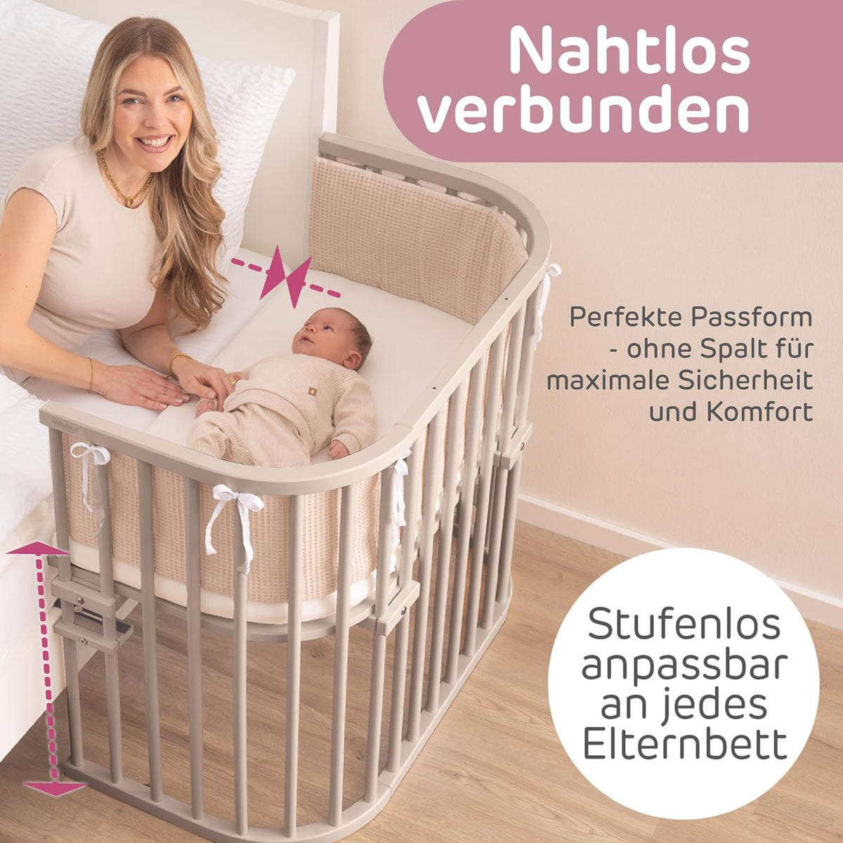 Oryginalne łóżeczko dostawne Babybay z litego drewna bukowego / kompaktowe i rozkładane / płynna regulacja wysokości łóżeczka i przyjazne dla środowiska / rośnie wraz z dzieckiem (lakierowane na biało) / w zestawie materac