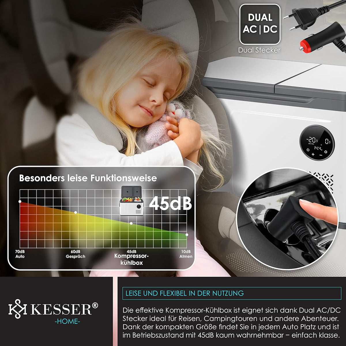 Lodówka kompresorowa KESSER® 2 w 1, dwustrefowa, z komorą chłodzenia i mrożenia, elektryczna zamrażarka z 2 wkładami chłodzącymi i dotykowym sterowaniem LED | Lodówka chłodząca do -20°C, idealna na kemping, do samochodu, ciężarówki, 12/24 V 230 V