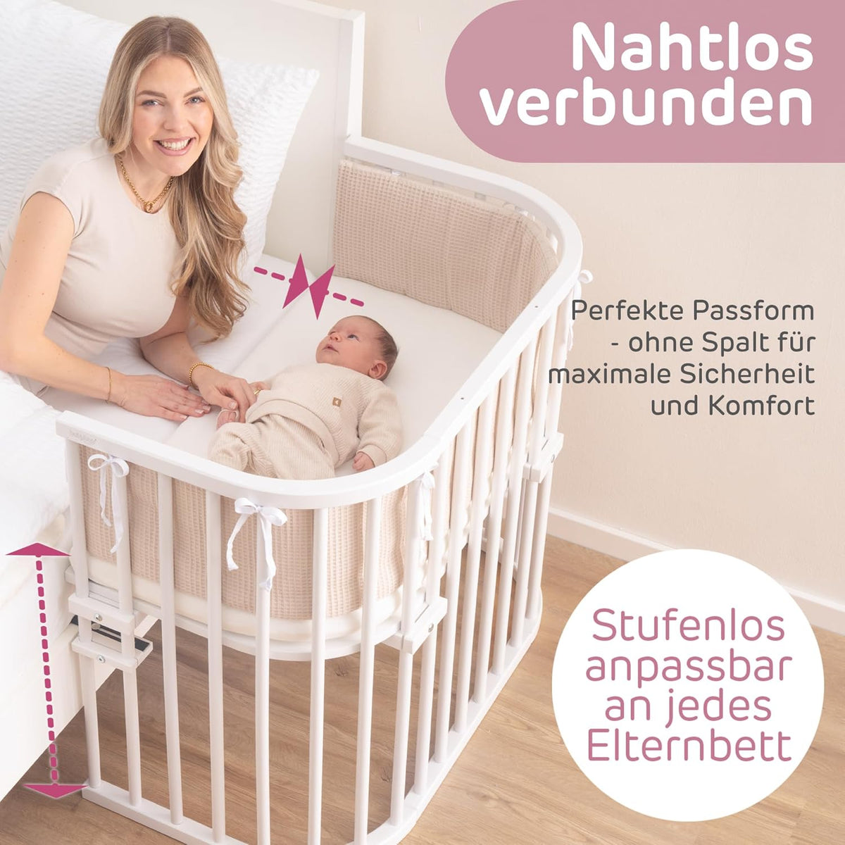 Oryginalne łóżeczko dostawne Babybay z litego drewna bukowego / kompaktowe i rozkładane / płynna regulacja wysokości łóżeczka i przyjazne dla środowiska / rośnie wraz z dzieckiem (lakierowane na biało) / w zestawie materac