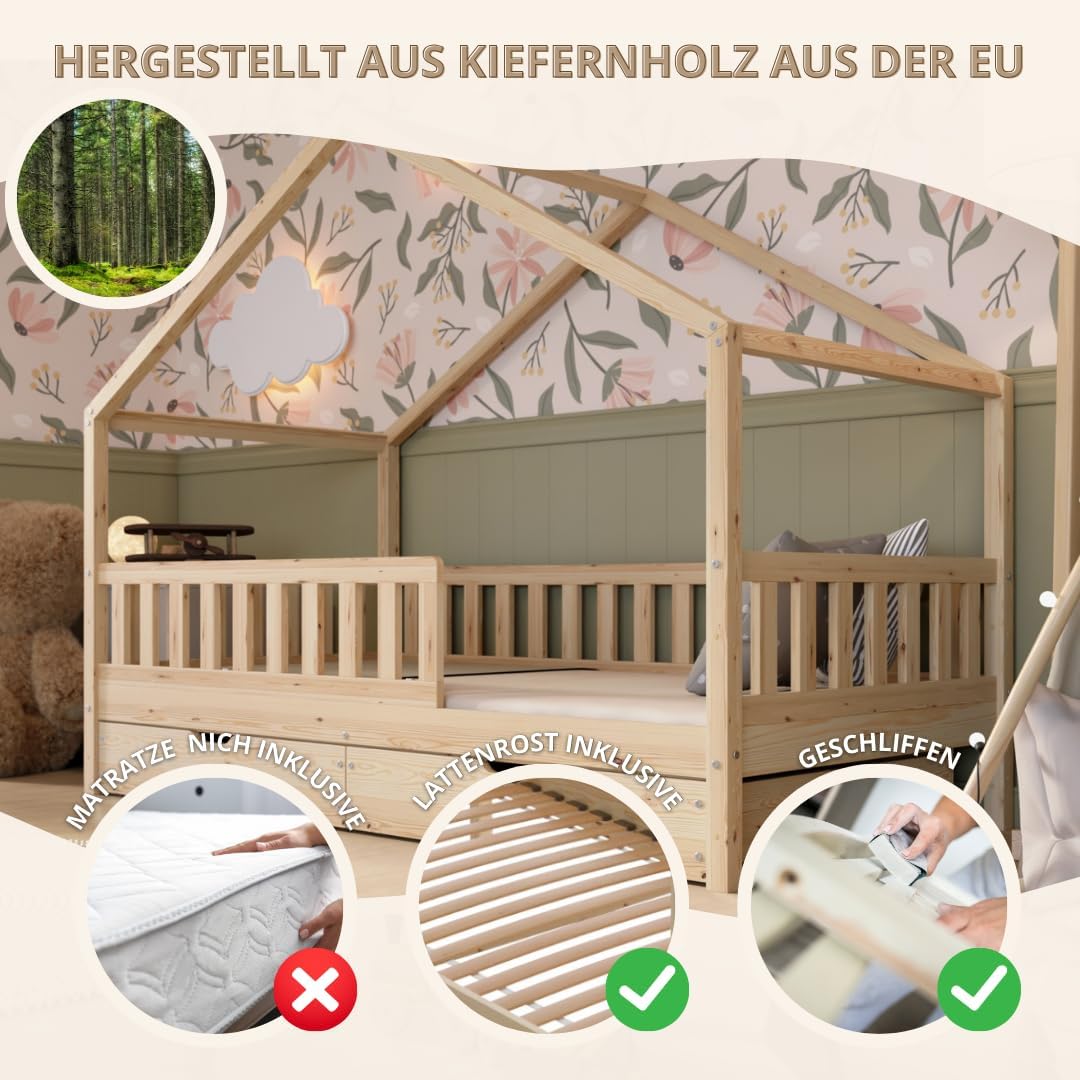 Łóżko Crazy Pine House z szufladami 200x90 cm – łóżko dziecięce z naturalnego drewna z zabezpieczeniem przed upadkiem – łóżko Montessori z dodatkową przestrzenią do przechowywania i wyjmowaną barierką – Crazy House