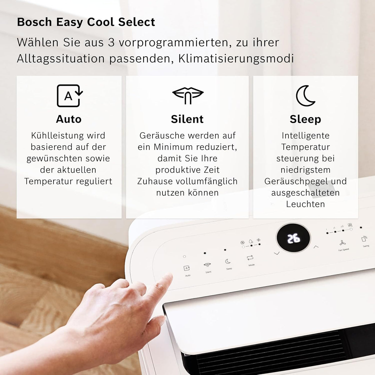 Klimatyzator przenośny Bosch Cool 4000 – 3 w 1: klimatyzator, osuszacz powietrza, wentylator – 2,6 kW do pomieszczeń o powierzchni do 35 m² – z trybem automatycznym, trybem cichym i trybem uśpienia