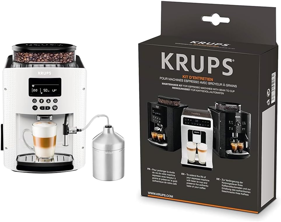 Ekspres do kawy Krups Essential w pełni automatyczny z wężykiem do mleka, funkcja parzenia 2 filiżanek, wyświetlacz LCD, łatwe czyszczenie, certyfikat TÜV, czarny, EA816031