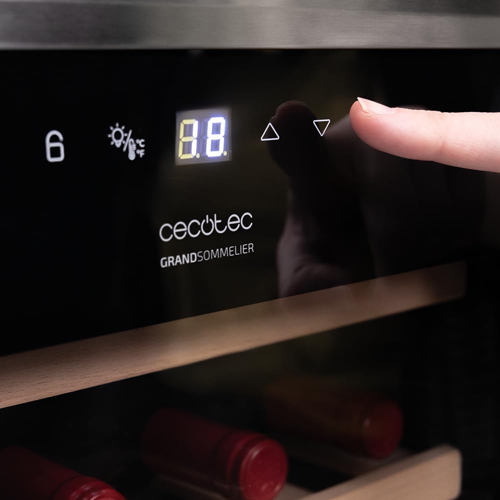 Cecotec Bolero Grandsommelier 34030, chłodziarka do wina ze stali nierdzewnej, kompresorowa, 34 butelki, 80 l, chłodzenie kompresorowe, regulowana temperatura od 5 do 18ºC, sterowanie dotykowe, wyświetlacz, wewnętrzne oświetlenie LED.