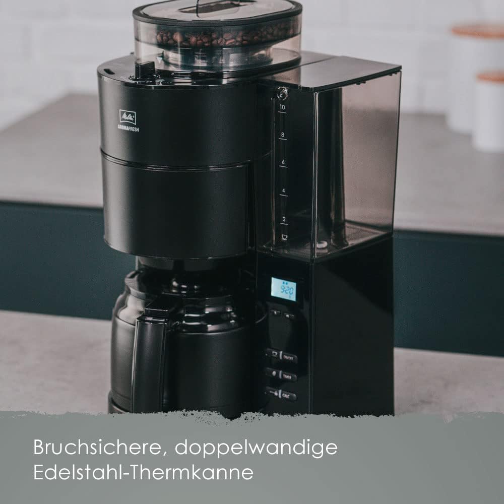 Melitta AromaFresh - Ekspres przelewowy - ze szklanym dzbankiem - wbudowanym młynkiem - funkcją timera - 10 filiżanek - Czysta czerń