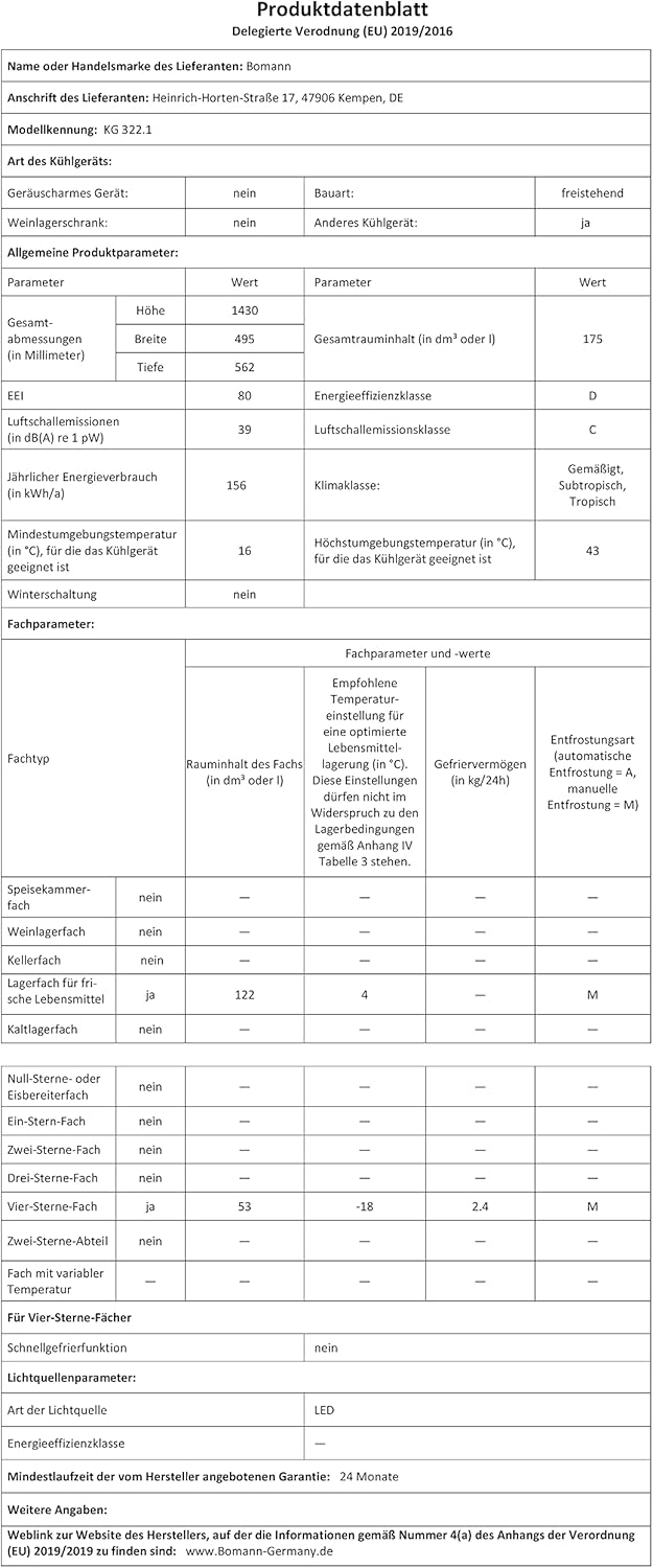 Chłodziarko-zamrażarka Bomann® o wysokości 143 cm | Pojemność 175 l, 3 półki i 3 szuflady | Możliwość zmiany kierunku otwierania drzwi | Cicha praca (39 dB) | Model KG 322.1 (wykończenie Inox-Look)