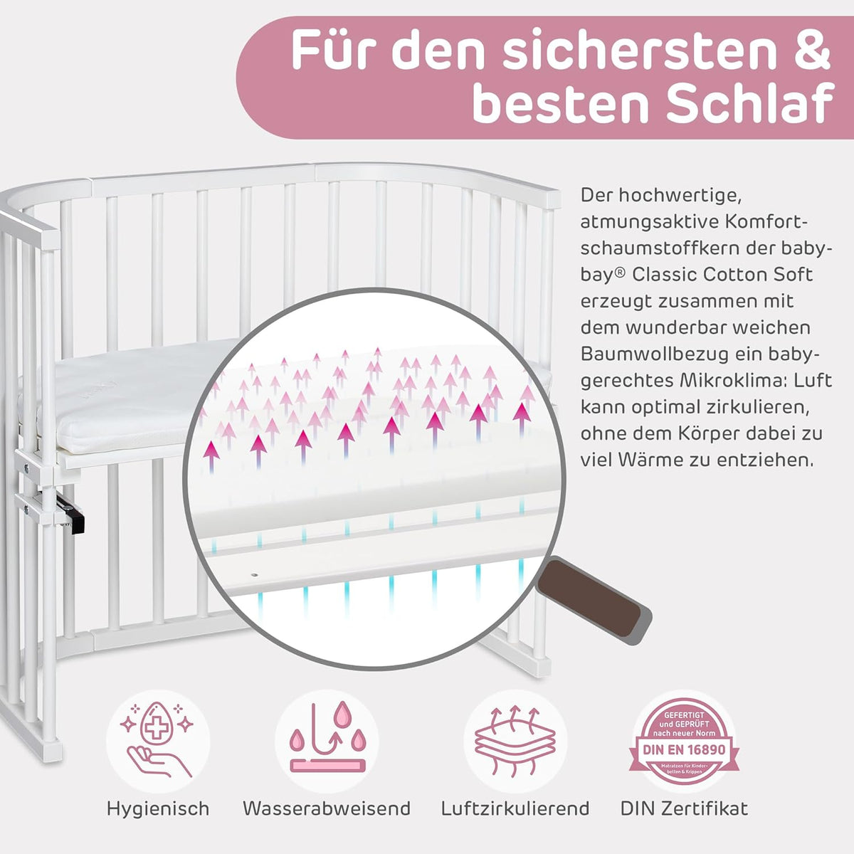 Oryginalne łóżeczko dostawne Babybay z litego drewna bukowego / kompaktowe i rozkładane / płynna regulacja wysokości łóżeczka i przyjazne dla środowiska / rośnie wraz z dzieckiem (lakierowane na biało) / w zestawie materac