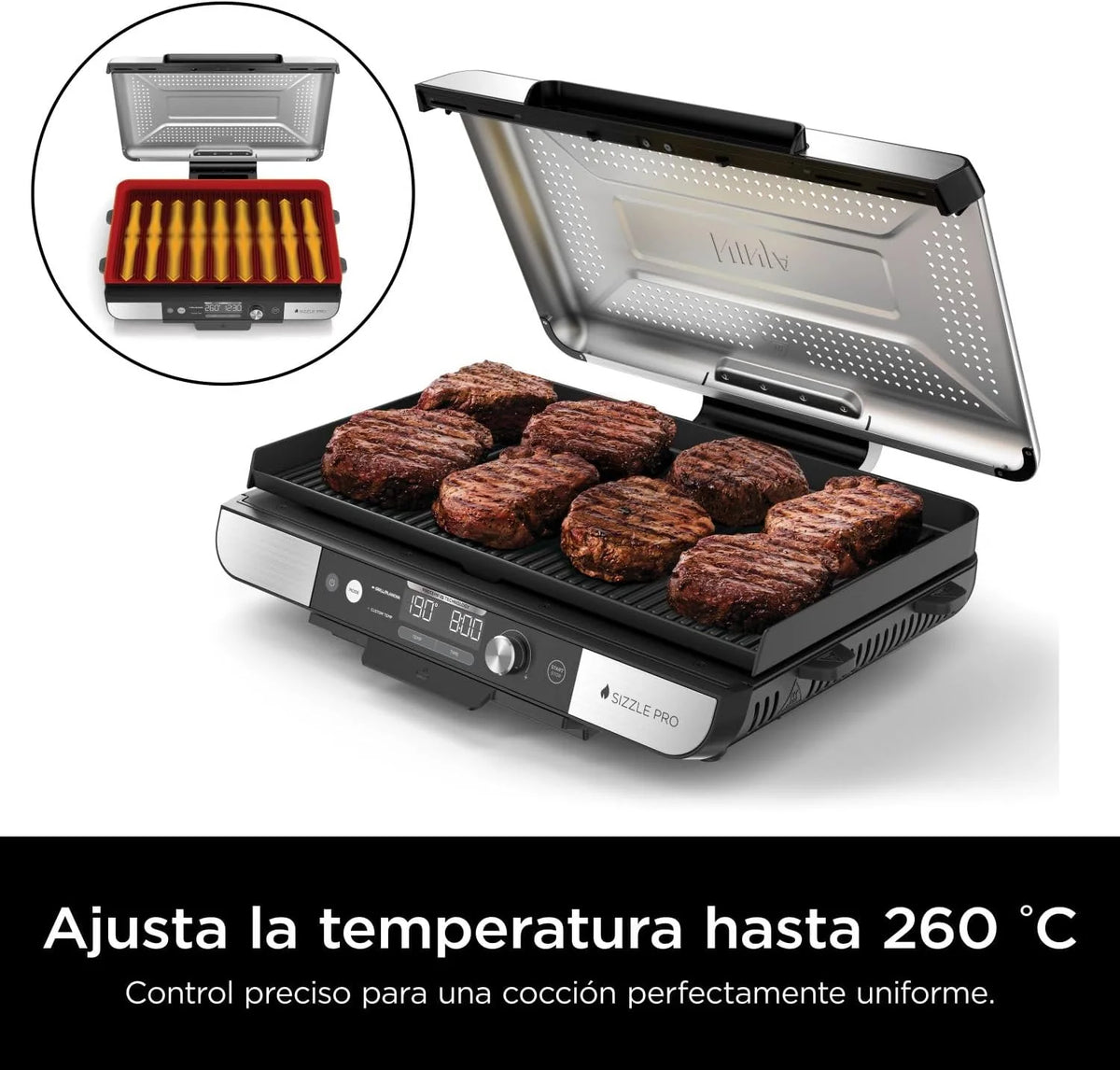 Ninja Sizzle Pro XL Grill i płyta grillowa do użytku wewnątrz pomieszczeń z nieprzywierającą ceramiczną płytą grillową, zdejmowaną pokrywą, pojemnikiem na tłuszcz i przewodnikiem po przepisach, kolor srebrny/czarny GX101EU