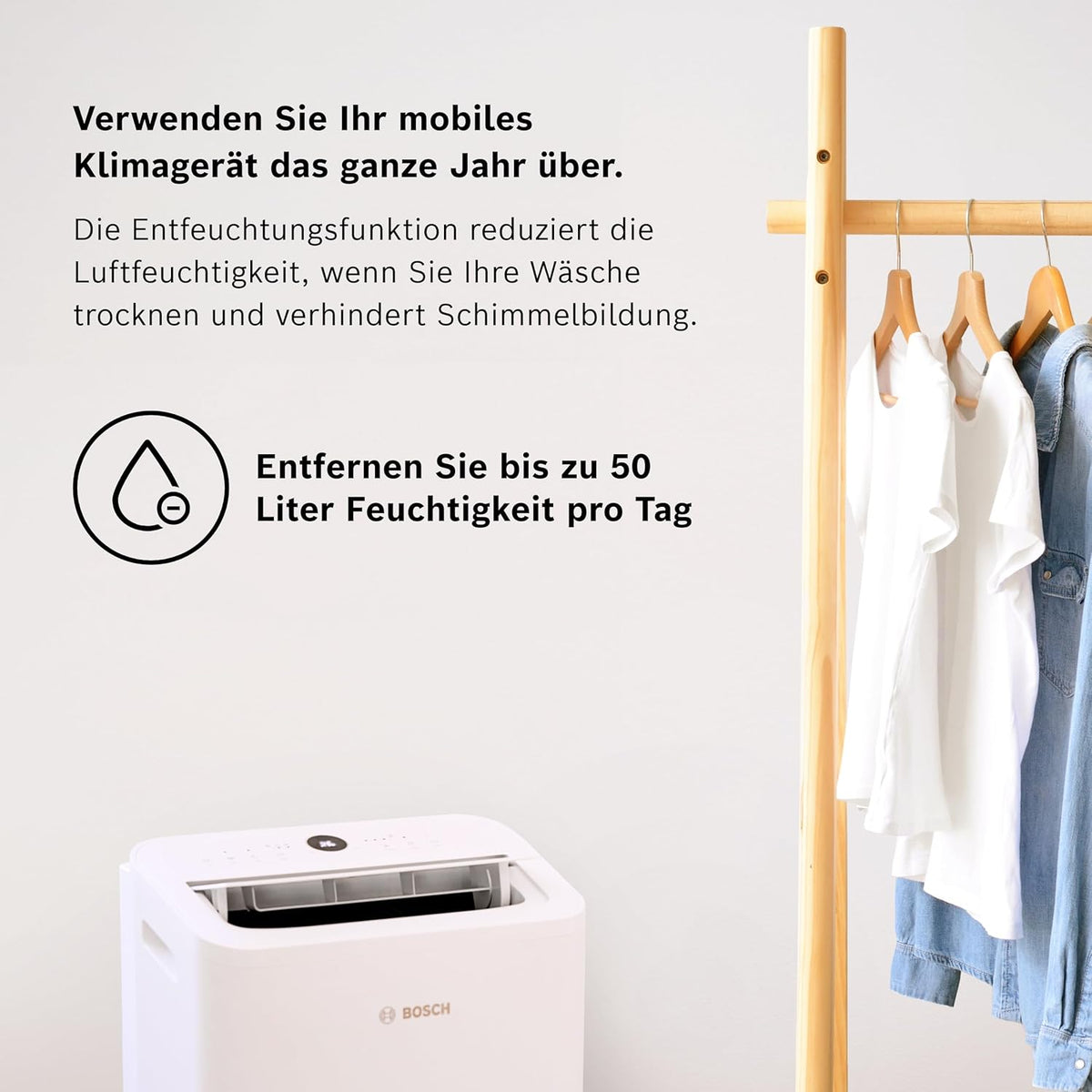 Klimatyzator przenośny Bosch Cool 4000 – 3 w 1: klimatyzator, osuszacz powietrza, wentylator – 2,6 kW do pomieszczeń o powierzchni do 35 m² – z trybem automatycznym, trybem cichym i trybem uśpienia